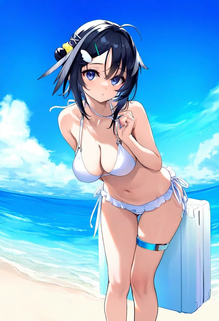[[tachikawa mushimaro]],kyokko,[[[as109]]],[[[Asanagi]]],kedama milk,[[[[ke-ta]]]], - 1girl,la pluma \(summer flowers\) \(arknights\),arknights,white bikini,outdoors,navel,day,sky,blue sky,beach,suitcase,looking at viewer,ocean,low-tied long hair,leaning forward,standing,holding,frills,hand up,bare shoulders,floating hair,