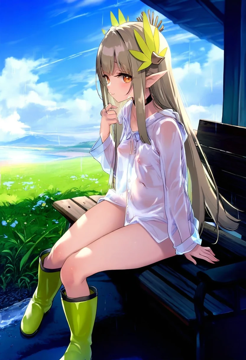 [[tachikawa mushimaro]],kyokko,[[[as109]]],[[[Asanagi]]],kedama milk,[[[[ke-ta]]]], - 1girl,muelsyse \(arknights\),arknights,cloudy sky,grass,on bench,outdoors,rain,road,yellow rubber boots,see-through coat,sitting,transparent raincoat,water drop,