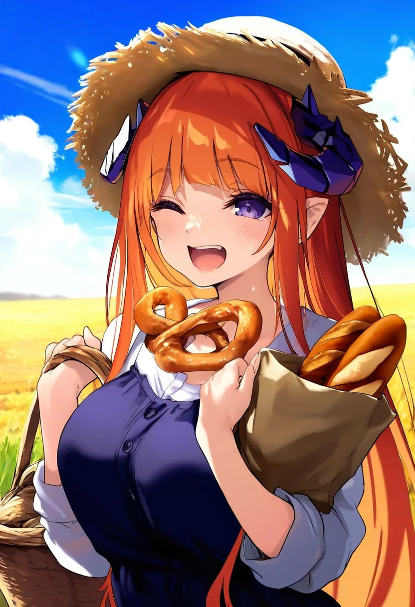[[tachikawa mushimaro]],kyokko,[[[as109]]],[[[Asanagi]]],kedama milk,[[[[ke-ta]]]], - 1girl,bagpipe \(arknights\),arknights,baguette,blush,bread,croissant,holding basket,pretzel,upper body,straw hat,field,sky,laughing,sweat,sunlight,