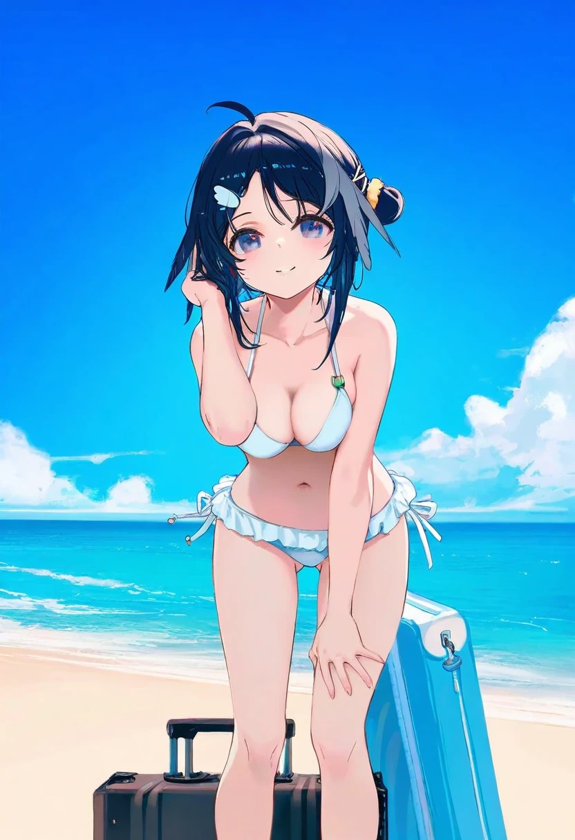 [kedama milk],momoco,ke-ta,40hara,[As109],Torino,ask\(askzy\),ciloranko,[sho \(sho lwlw\)],wlop,[Rella],[omone hokoma agm], - 1girl,la pluma \(summer flowers\) \(arknights\),arknights,white bikini,outdoors,navel,day,sky,blue sky,beach,suitcase,looking at viewer,ocean,low-tied long hair,leaning forward,standing,holding,frills,hand up,bare shoulders,floating hair,