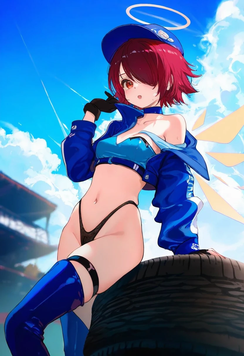 [kedama milk],momoco,ke-ta,40hara,[As109],Torino,ask\(askzy\),ciloranko,[sho \(sho lwlw\)],wlop,[Rella],[omone hokoma agm], - 1girl,exusiai \(arknights\),arknights,black gloves,black panties,blue thigh boots,blue hat,blue jacket,long sleeves,race queen,thigh strap,thong,single bare shoulder,skindentation,tire,