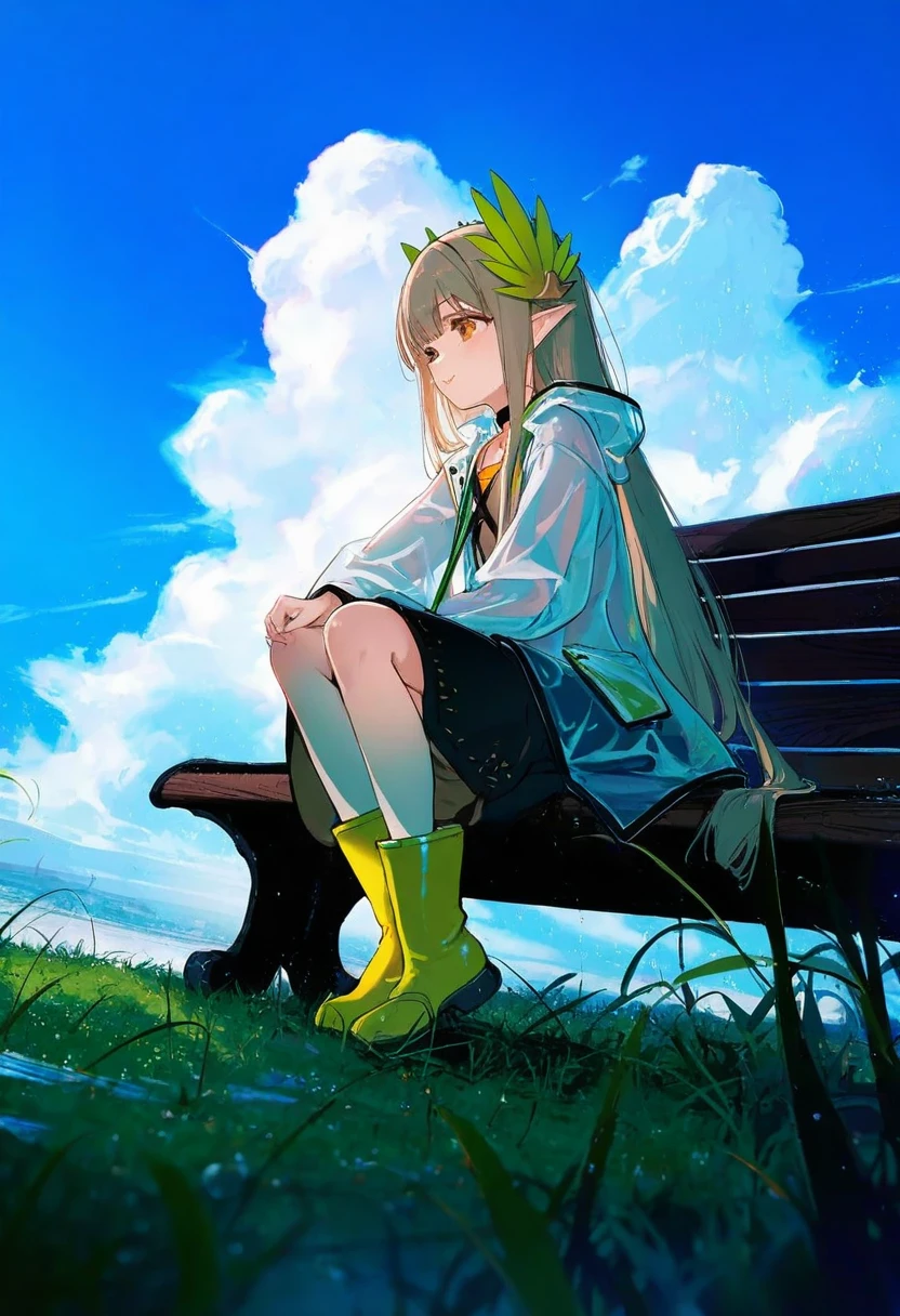 [kedama milk],momoco,ke-ta,40hara,[As109],Torino,ask\(askzy\),ciloranko,[sho \(sho lwlw\)],wlop,[Rella],[omone hokoma agm], - 1girl,muelsyse \(arknights\),arknights,cloudy sky,grass,on bench,outdoors,rain,road,yellow rubber boots,see-through coat,sitting,transparent raincoat,water drop,