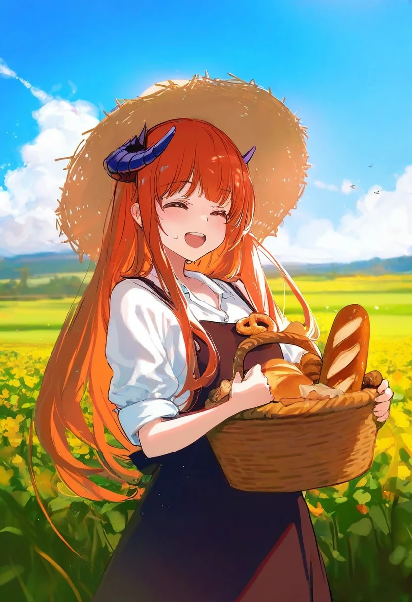 [kedama milk],momoco,ke-ta,40hara,[As109],Torino,ask\(askzy\),ciloranko,[sho \(sho lwlw\)],wlop,[Rella],[omone hokoma agm], - 1girl,bagpipe \(arknights\),arknights,baguette,blush,bread,croissant,holding basket,pretzel,upper body,straw hat,field,sky,laughing,sweat,sunlight,