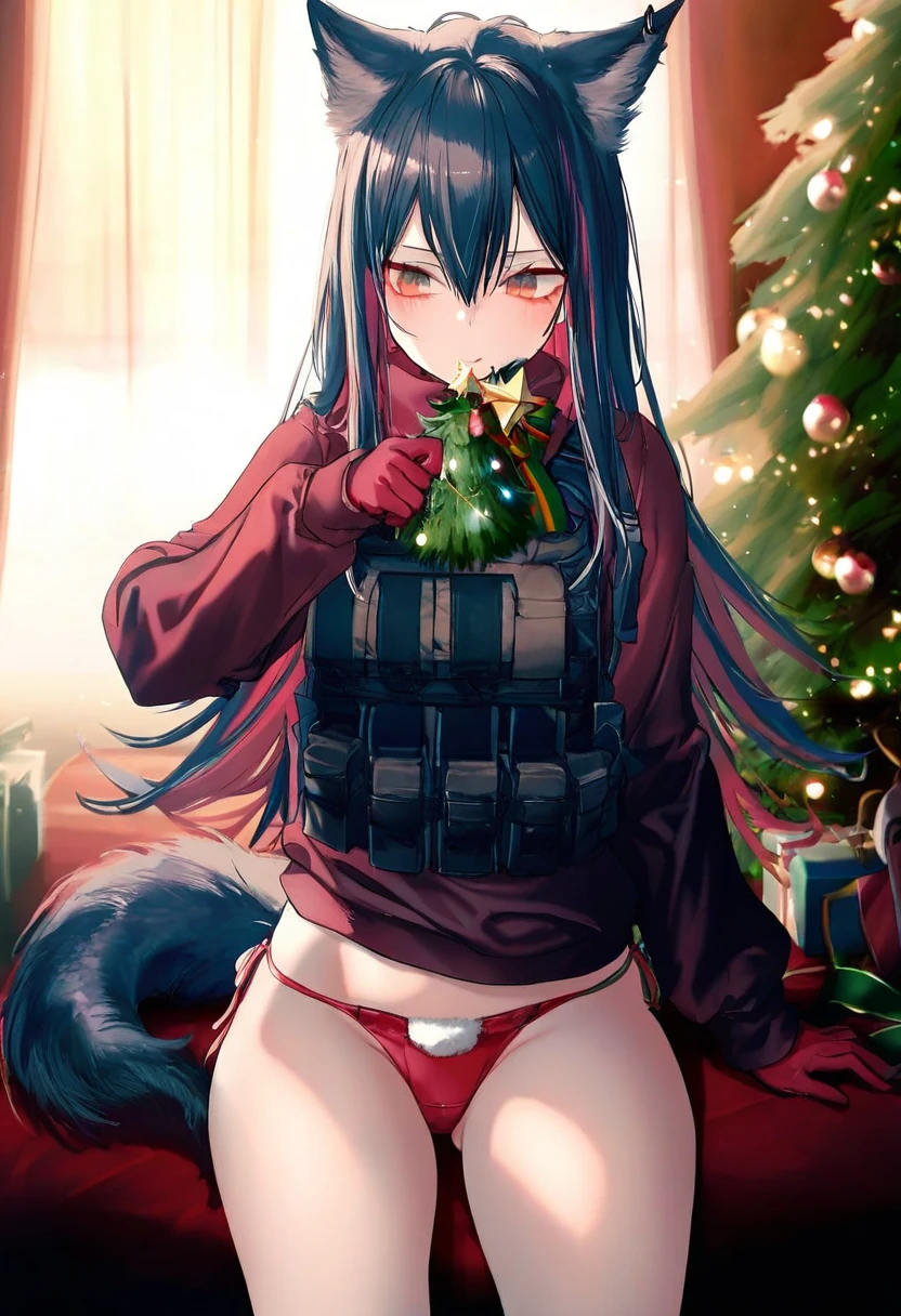 40hara,pottsness,[[onineko]],[[as109]],[[[kedama milk]]], - 1girl,texas \(arknights\),arknights,underwear,tactical vest,christmas tree,christmas ornaments,