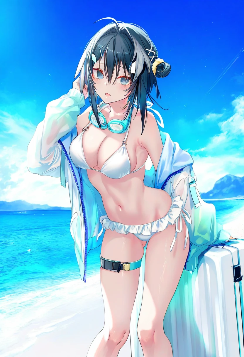 40hara,pottsness,[[onineko]],[[as109]],[[[kedama milk]]], - 1girl,la pluma \(summer flowers\) \(arknights\),arknights,white bikini,outdoors,navel,day,sky,blue sky,beach,suitcase,looking at viewer,ocean,low-tied long hair,leaning forward,standing,holding,frills,hand up,bare shoulders,floating hair,