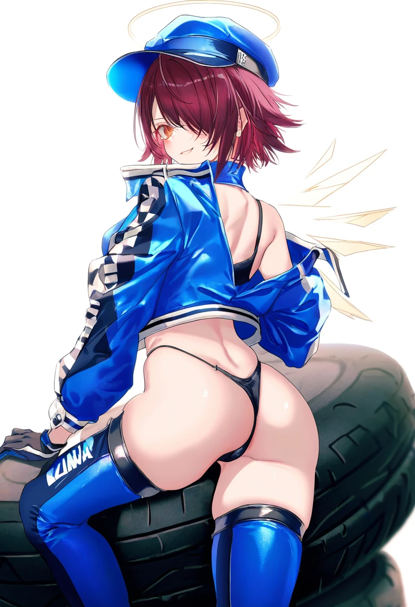 40hara,pottsness,[[onineko]],[[as109]],[[[kedama milk]]], - 1girl,exusiai \(arknights\),arknights,black gloves,black panties,blue thigh boots,blue hat,blue jacket,long sleeves,race queen,thigh strap,thong,single bare shoulder,skindentation,tire,