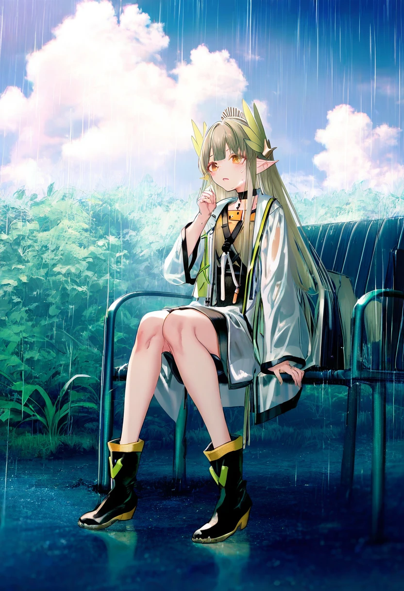 40hara,pottsness,[[onineko]],[[as109]],[[[kedama milk]]], - 1girl,muelsyse \(arknights\),arknights,cloudy sky,grass,on bench,outdoors,rain,road,yellow rubber boots,see-through coat,sitting,transparent raincoat,water drop,
