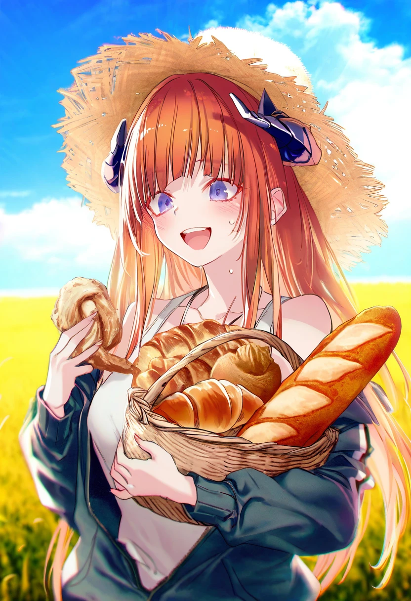 40hara,pottsness,[[onineko]],[[as109]],[[[kedama milk]]], - 1girl,bagpipe \(arknights\),arknights,baguette,blush,bread,croissant,holding basket,pretzel,upper body,straw hat,field,sky,laughing,sweat,sunlight,