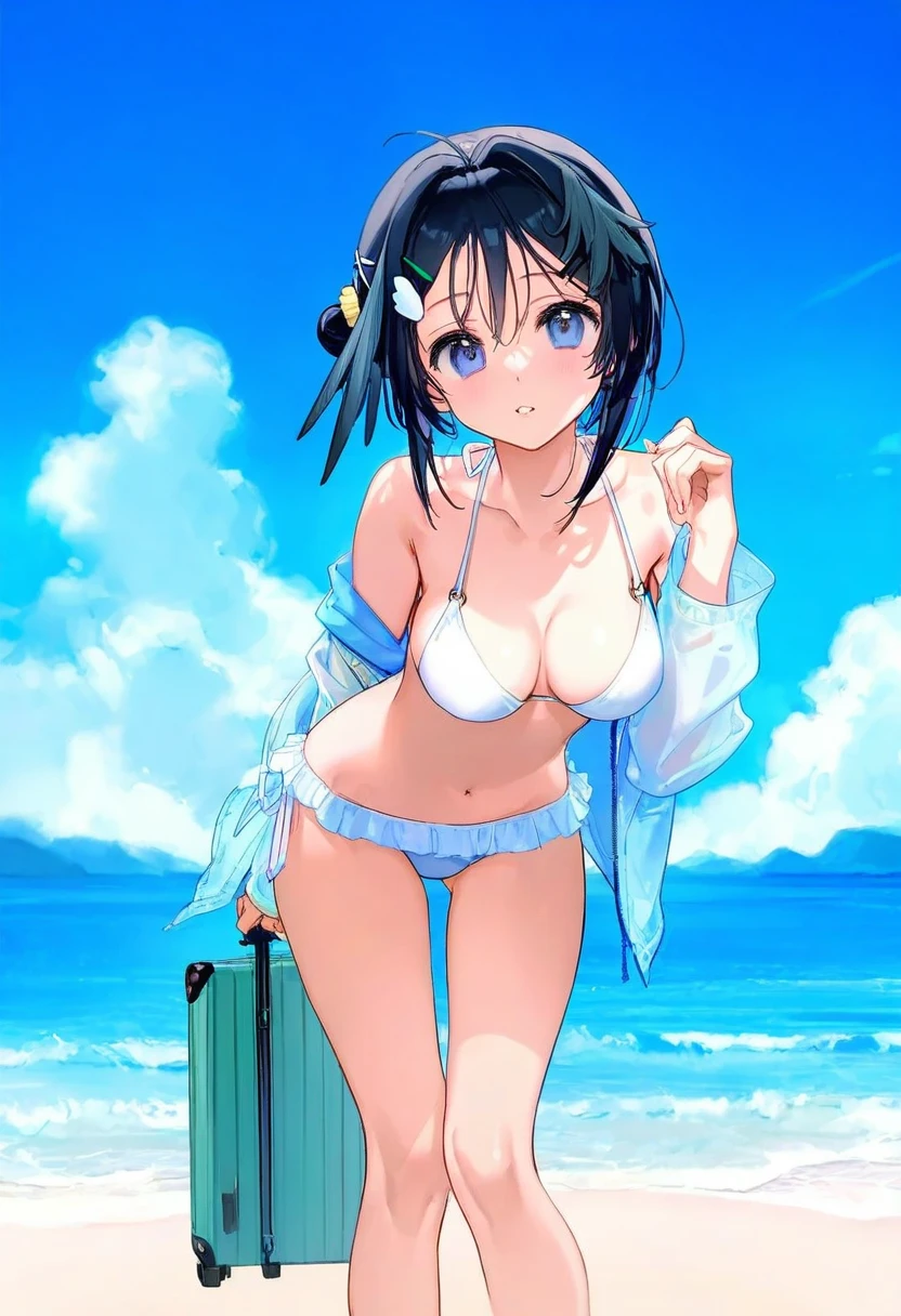 (amazuyu tatsuki,shiro9jira),mignon,[[as109]],ciloranko,ask \(askzy\),novelace, - 1girl,la pluma \(summer flowers\) \(arknights\),arknights,white bikini,outdoors,navel,day,sky,blue sky,beach,suitcase,looking at viewer,ocean,low-tied long hair,leaning forward,standing,holding,frills,hand up,bare shoulders,floating hair,