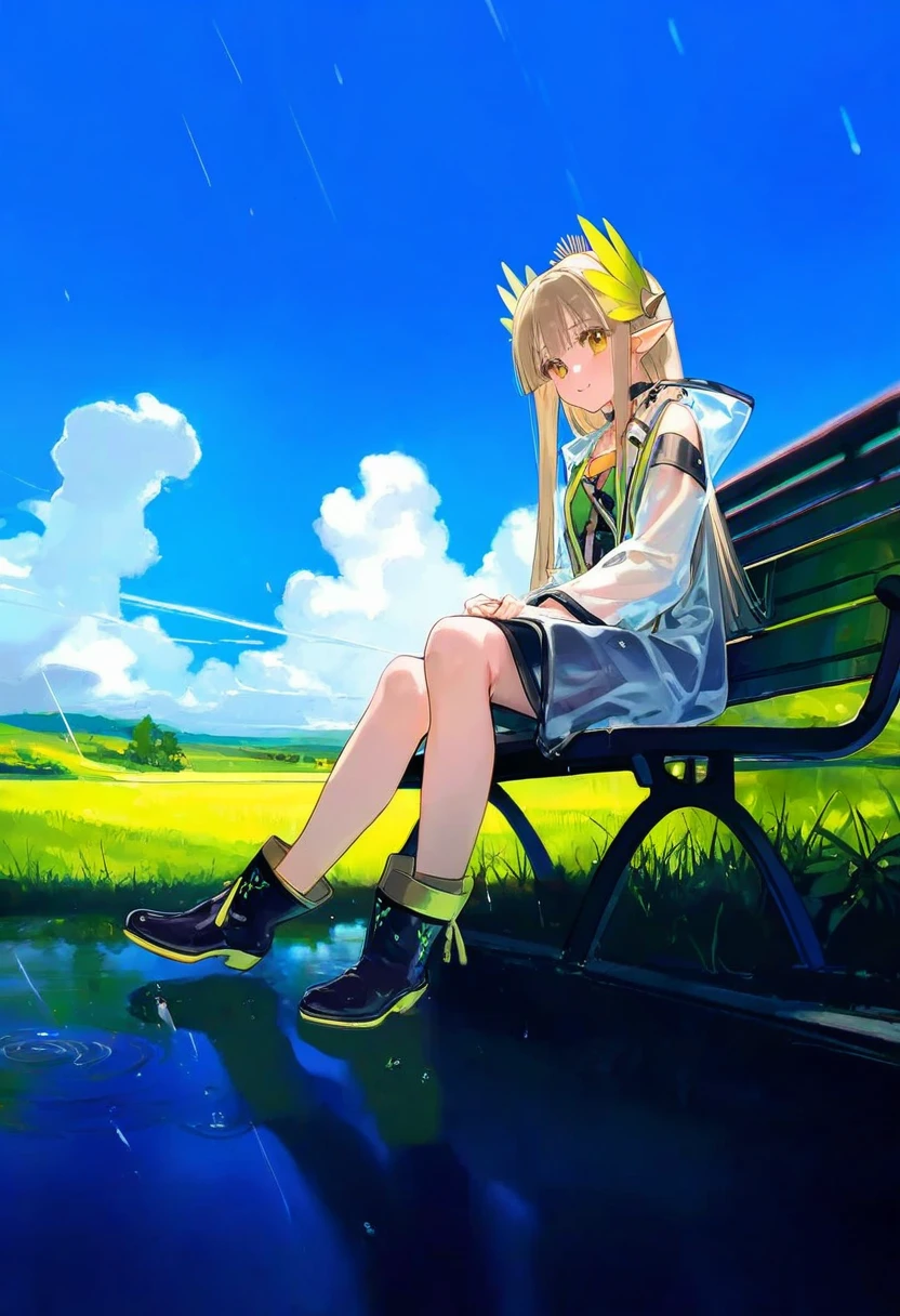 (amazuyu tatsuki,shiro9jira),mignon,[[as109]],ciloranko,ask \(askzy\),novelace, - 1girl,muelsyse \(arknights\),arknights,cloudy sky,grass,on bench,outdoors,rain,road,yellow rubber boots,see-through coat,sitting,transparent raincoat,water drop,
