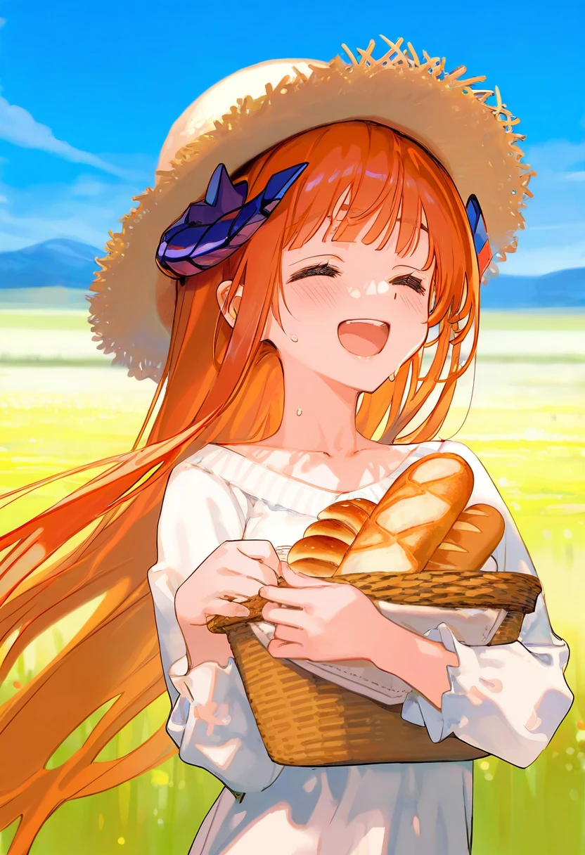 (amazuyu tatsuki,shiro9jira),mignon,[[as109]],ciloranko,ask \(askzy\),novelace, - 1girl,bagpipe \(arknights\),arknights,baguette,blush,bread,croissant,holding basket,pretzel,upper body,straw hat,field,sky,laughing,sweat,sunlight,