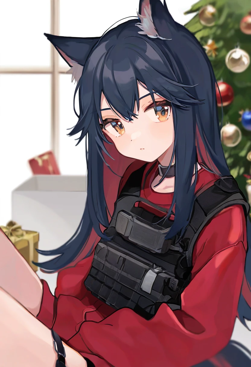 ((shigure ui,tira 27)), - 1girl,texas \(arknights\),arknights,underwear,tactical vest,christmas tree,christmas ornaments,