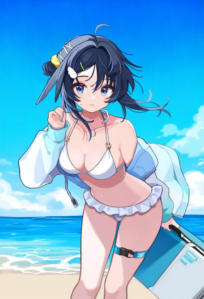 ((shigure ui,tira 27)), - 1girl,la pluma \(summer flowers\) \(arknights\),arknights,white bikini,outdoors,navel,day,sky,blue sky,beach,suitcase,looking at viewer,ocean,low-tied long hair,leaning forward,standing,holding,frills,hand up,bare shoulders,floating hair,