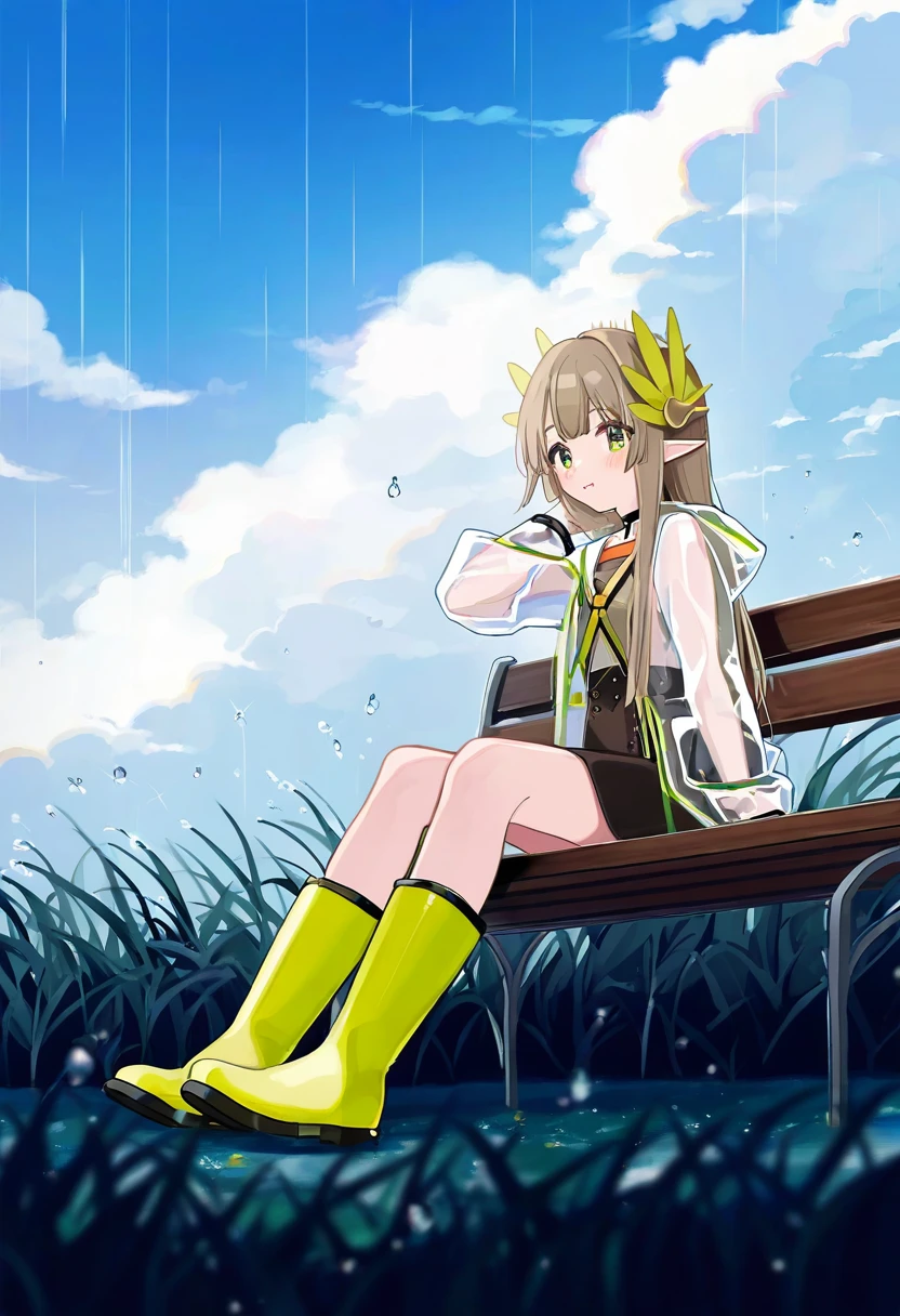 ((shigure ui,tira 27)), - 1girl,muelsyse \(arknights\),arknights,cloudy sky,grass,on bench,outdoors,rain,road,yellow rubber boots,see-through coat,sitting,transparent raincoat,water drop,