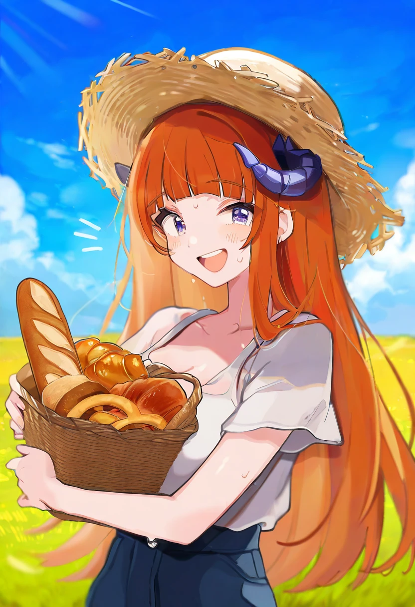 ((shigure ui,tira 27)), - 1girl,bagpipe \(arknights\),arknights,baguette,blush,bread,croissant,holding basket,pretzel,upper body,straw hat,field,sky,laughing,sweat,sunlight,