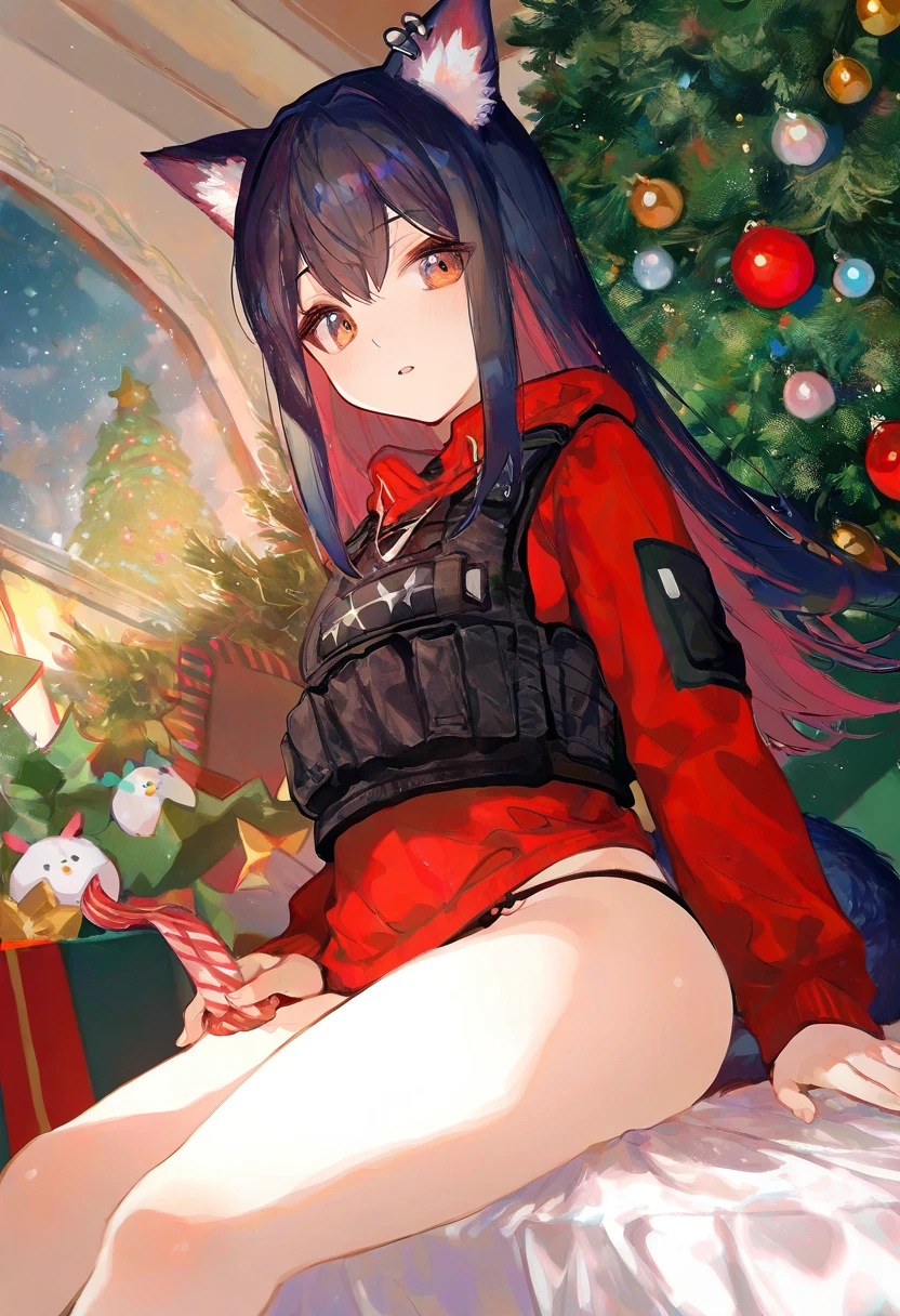 (fuzichoco),[[ningen mame]],ciloranko,yd,noyu \(noyu23386566\), - 1girl,texas \(arknights\),arknights,underwear,tactical vest,christmas tree,christmas ornaments,