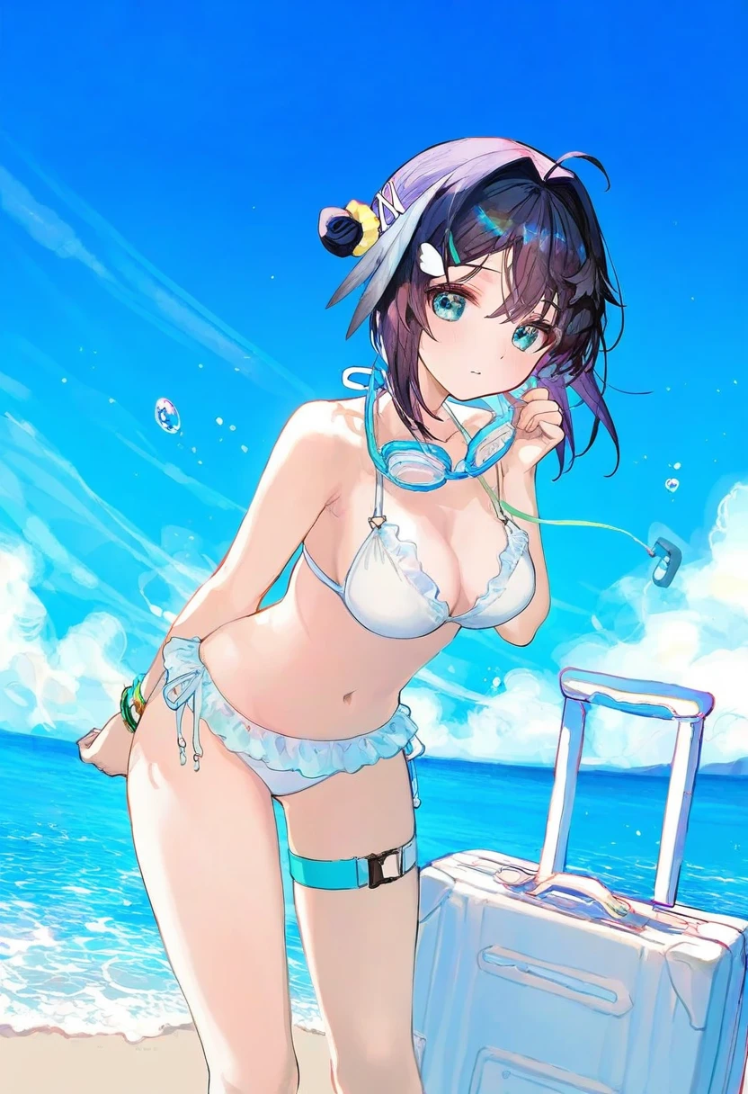 (fuzichoco),[[ningen mame]],ciloranko,yd,noyu \(noyu23386566\), - 1girl,la pluma \(summer flowers\) \(arknights\),arknights,white bikini,outdoors,navel,day,sky,blue sky,beach,suitcase,looking at viewer,ocean,low-tied long hair,leaning forward,standing,holding,frills,hand up,bare shoulders,floating hair,