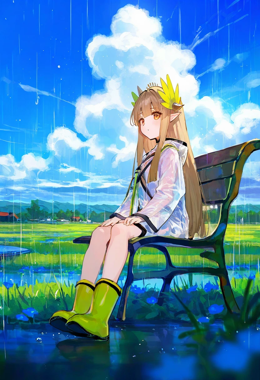 (fuzichoco),[[ningen mame]],ciloranko,yd,noyu \(noyu23386566\), - 1girl,muelsyse \(arknights\),arknights,cloudy sky,grass,on bench,outdoors,rain,road,yellow rubber boots,see-through coat,sitting,transparent raincoat,water drop,