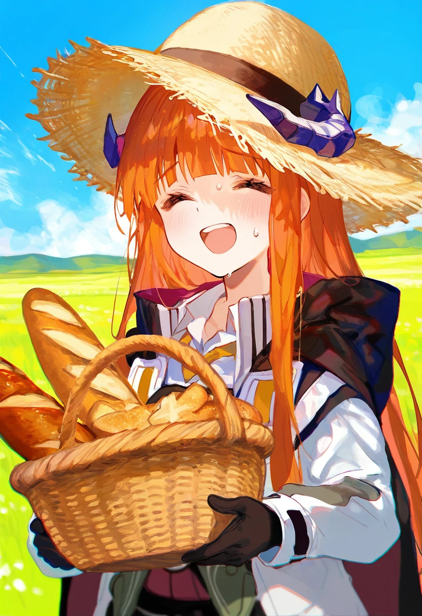 (fuzichoco),[[ningen mame]],ciloranko,yd,noyu \(noyu23386566\), - 1girl,bagpipe \(arknights\),arknights,baguette,blush,bread,croissant,holding basket,pretzel,upper body,straw hat,field,sky,laughing,sweat,sunlight,