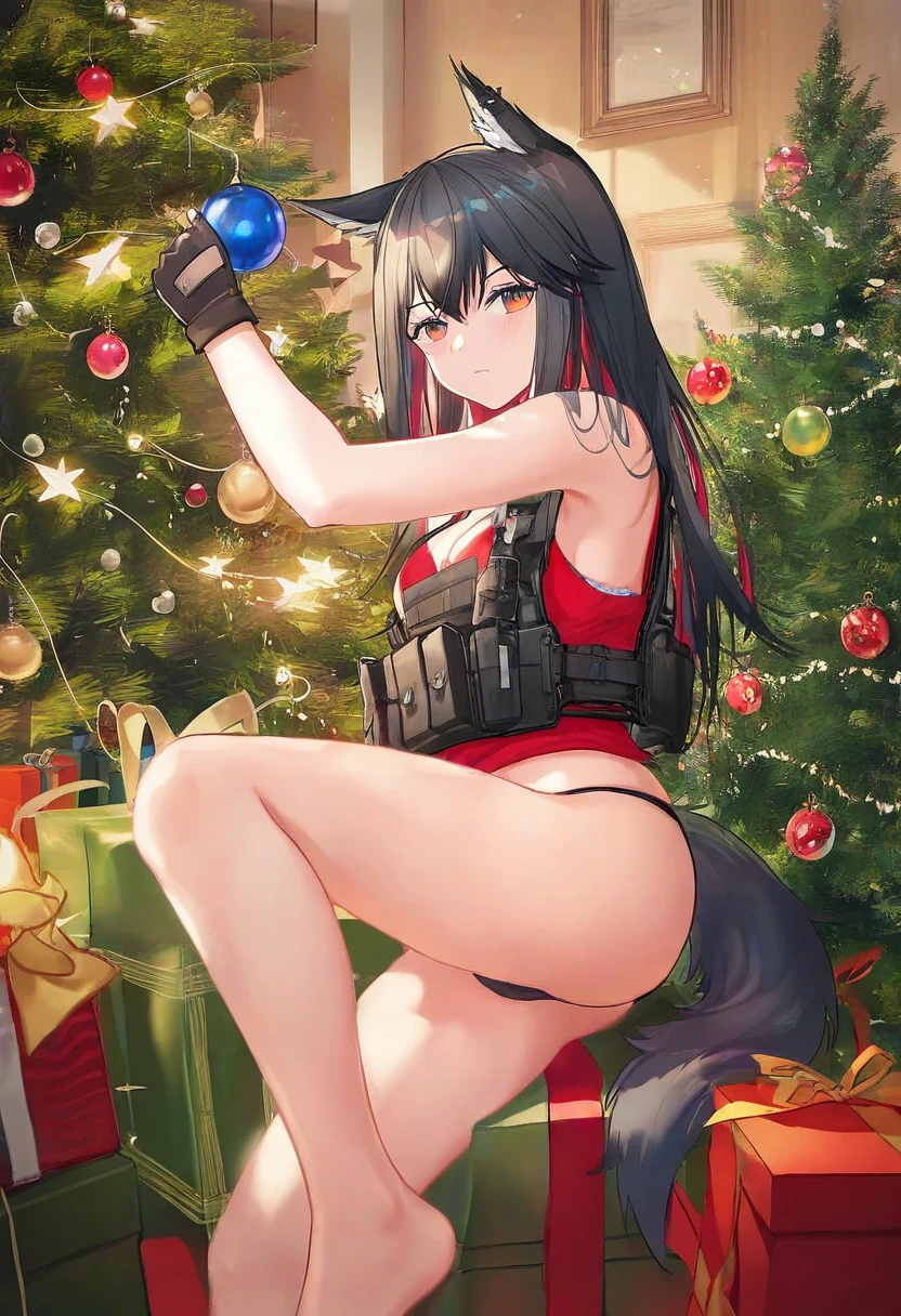 [ATDAN],[void 0],[[[[[ogata tei]]]]], - 1girl,texas \(arknights\),arknights,underwear,tactical vest,christmas tree,christmas ornaments,