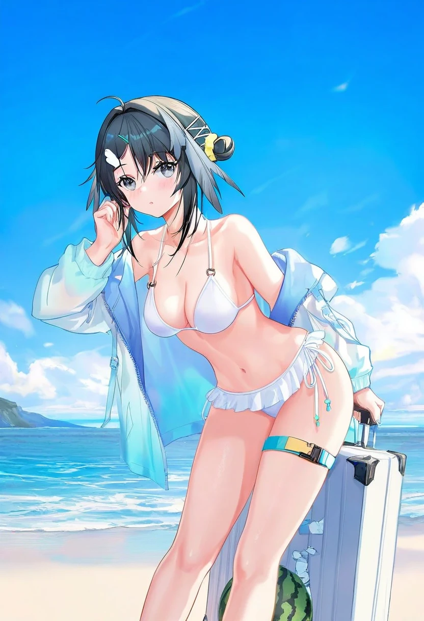 [ATDAN],[void 0],[[[[[ogata tei]]]]], - 1girl,la pluma \(summer flowers\) \(arknights\),arknights,white bikini,outdoors,navel,day,sky,blue sky,beach,suitcase,looking at viewer,ocean,low-tied long hair,leaning forward,standing,holding,frills,hand up,bare shoulders,floating hair,