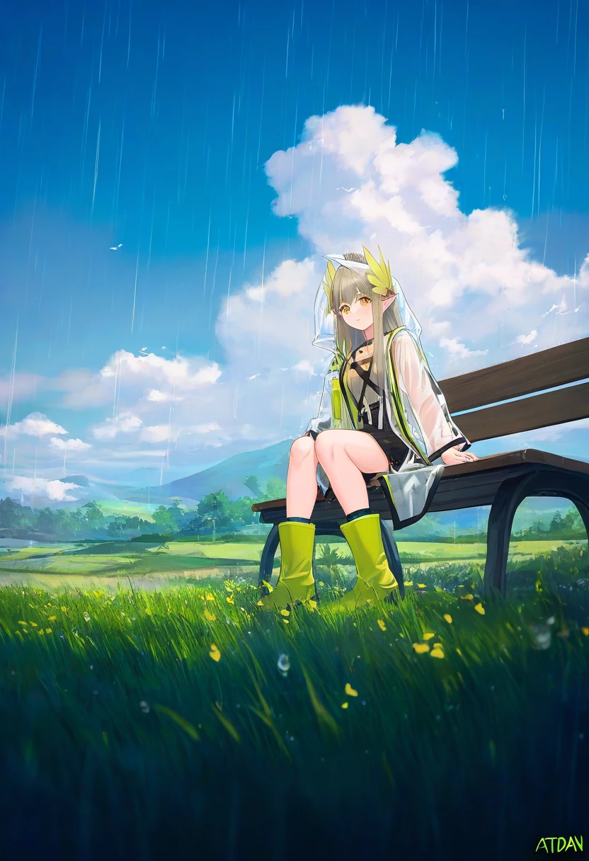 [ATDAN],[void 0],[[[[[ogata tei]]]]], - 1girl,muelsyse \(arknights\),arknights,cloudy sky,grass,on bench,outdoors,rain,road,yellow rubber boots,see-through coat,sitting,transparent raincoat,water drop,