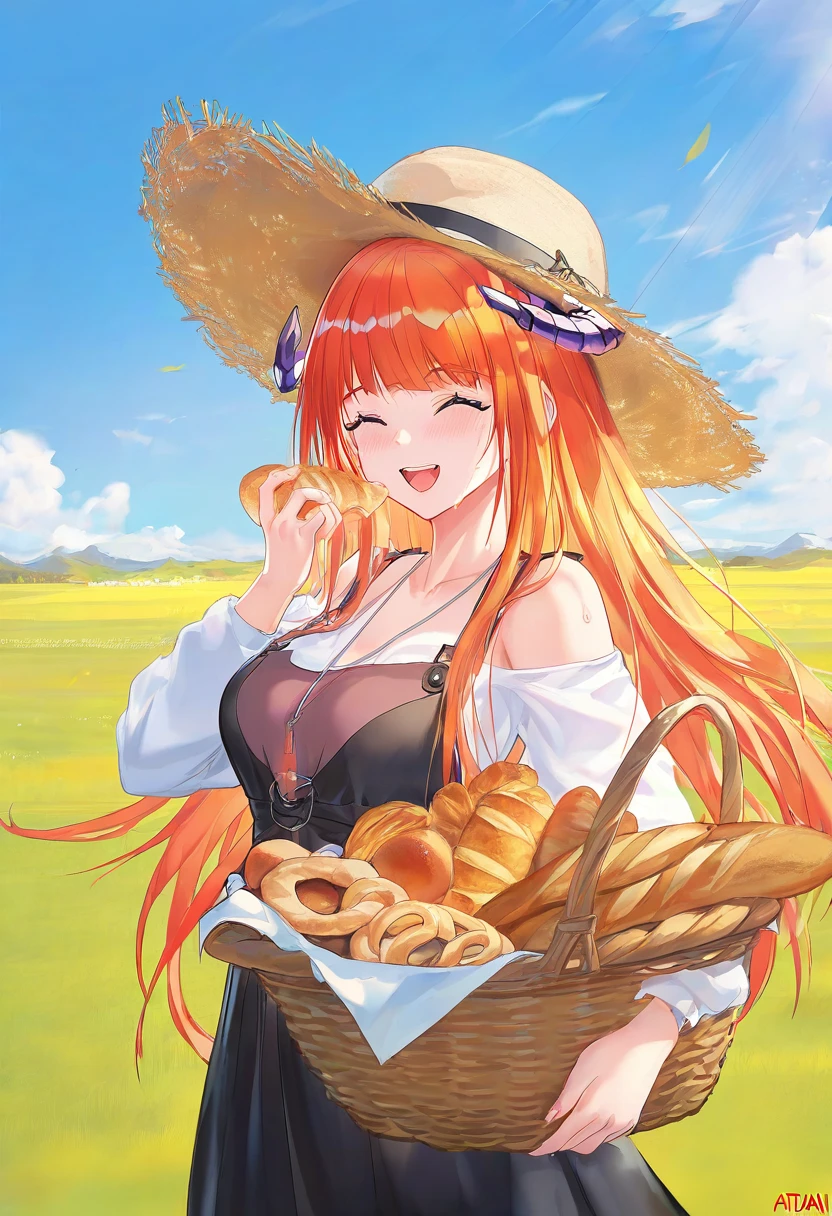 [ATDAN],[void 0],[[[[[ogata tei]]]]], - 1girl,bagpipe \(arknights\),arknights,baguette,blush,bread,croissant,holding basket,pretzel,upper body,straw hat,field,sky,laughing,sweat,sunlight,
