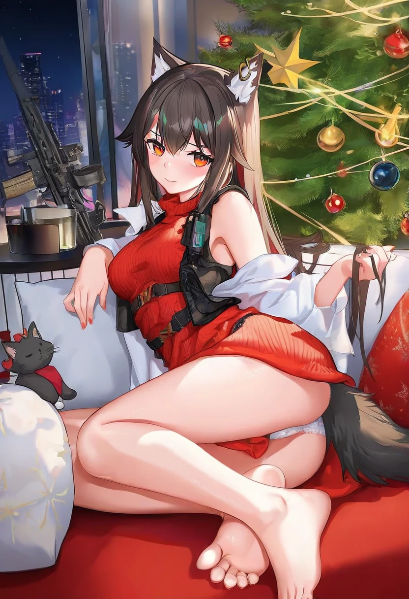 ((ATDAN)),[[hong bai],bigxixi,[allenes]],ask \(askzy\),[chen bin], - 1girl,texas \(arknights\),arknights,underwear,tactical vest,christmas tree,christmas ornaments,