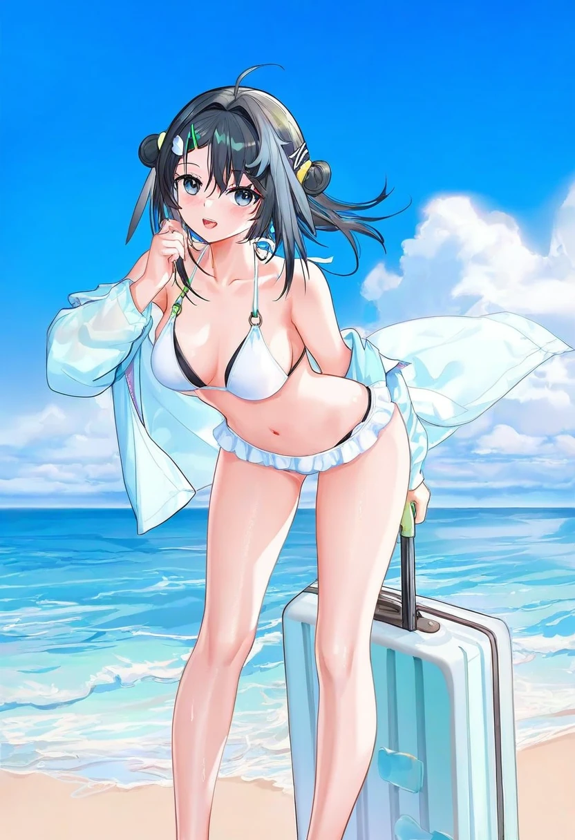 ((ATDAN)),[[hong bai],bigxixi,[allenes]],ask \(askzy\),[chen bin], - 1girl,la pluma \(summer flowers\) \(arknights\),arknights,white bikini,outdoors,navel,day,sky,blue sky,beach,suitcase,looking at viewer,ocean,low-tied long hair,leaning forward,standing,holding,frills,hand up,bare shoulders,floating hair,