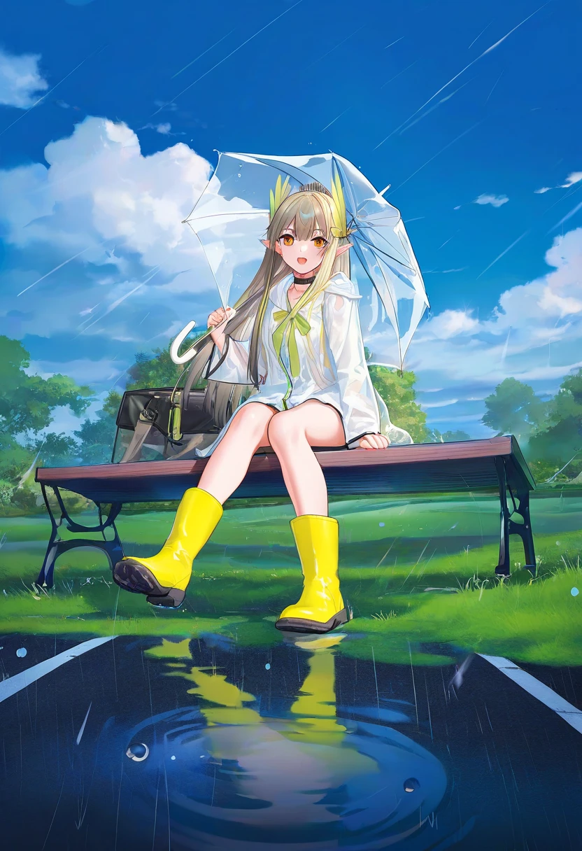 ((ATDAN)),[[hong bai],bigxixi,[allenes]],ask \(askzy\),[chen bin], - 1girl,muelsyse \(arknights\),arknights,cloudy sky,grass,on bench,outdoors,rain,road,yellow rubber boots,see-through coat,sitting,transparent raincoat,water drop,
