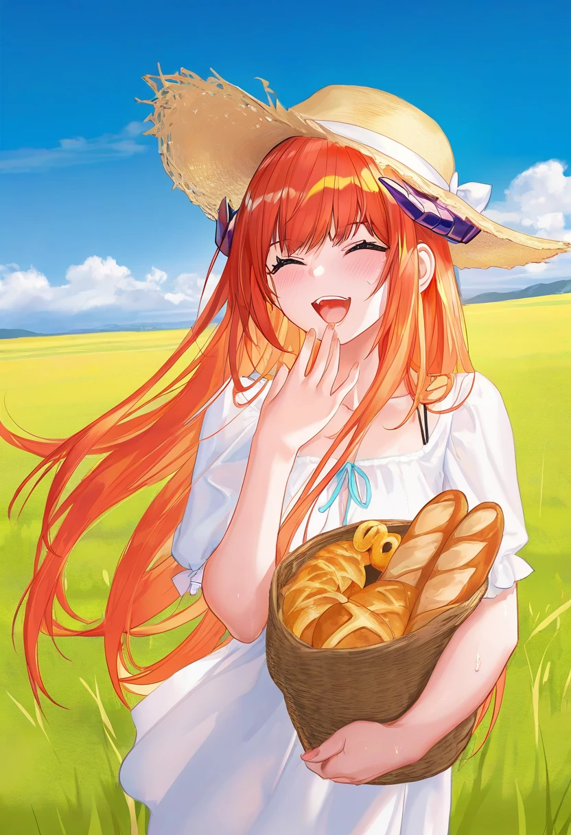 ((ATDAN)),[[hong bai],bigxixi,[allenes]],ask \(askzy\),[chen bin], - 1girl,bagpipe \(arknights\),arknights,baguette,blush,bread,croissant,holding basket,pretzel,upper body,straw hat,field,sky,laughing,sweat,sunlight,