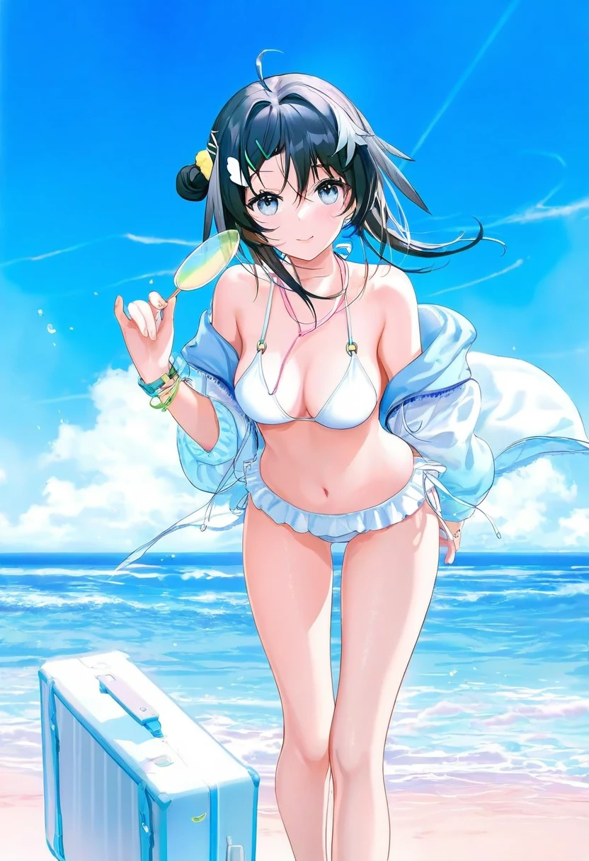 ATDAN,[ningen mame],ask \(askzy\),[hiten \(hitenkei\)],[[sy4]],[[alpha \(alpha91\)]],[[houraku]],[[[fuzichoco]]],[[sencha \(senchat\)]],[[[rei \(sanbonzakura\)]]],[[chen bin]],[wlop],[houkisei], - 1girl,la pluma \(summer flowers\) \(arknights\),arknights,white bikini,outdoors,navel,day,sky,blue sky,beach,suitcase,looking at viewer,ocean,low-tied long hair,leaning forward,standing,holding,frills,hand up,bare shoulders,floating hair,