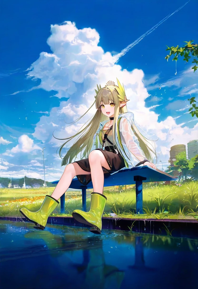 ATDAN,[ningen mame],ask \(askzy\),[hiten \(hitenkei\)],[[sy4]],[[alpha \(alpha91\)]],[[houraku]],[[[fuzichoco]]],[[sencha \(senchat\)]],[[[rei \(sanbonzakura\)]]],[[chen bin]],[wlop],[houkisei], - 1girl,muelsyse \(arknights\),arknights,cloudy sky,grass,on bench,outdoors,rain,road,yellow rubber boots,see-through coat,sitting,transparent raincoat,water drop,