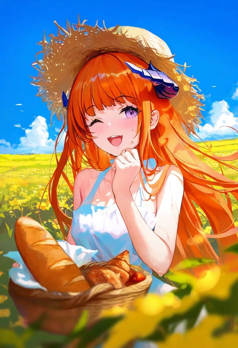 ATDAN,[ningen mame],ask \(askzy\),[hiten \(hitenkei\)],[[sy4]],[[alpha \(alpha91\)]],[[houraku]],[[[fuzichoco]]],[[sencha \(senchat\)]],[[[rei \(sanbonzakura\)]]],[[chen bin]],[wlop],[houkisei], - 1girl,bagpipe \(arknights\),arknights,baguette,blush,bread,croissant,holding basket,pretzel,upper body,straw hat,field,sky,laughing,sweat,sunlight,