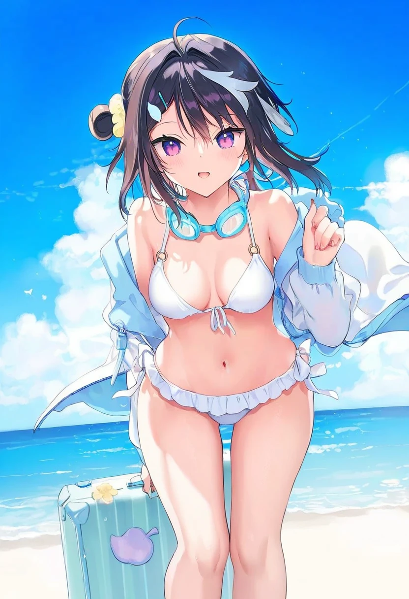 ((ikeuchi tanuma)),(((((mignon,ATDAN))))),(((((anmi))))),((ogipote)),((sy4)),(hiten \(hitenkei\)),yuno385,[[[[momoko \(momopoco\)]]]],[[[ke-ta]]], - 1girl,la pluma \(summer flowers\) \(arknights\),arknights,white bikini,outdoors,navel,day,sky,blue sky,beach,suitcase,looking at viewer,ocean,low-tied long hair,leaning forward,standing,holding,frills,hand up,bare shoulders,floating hair,