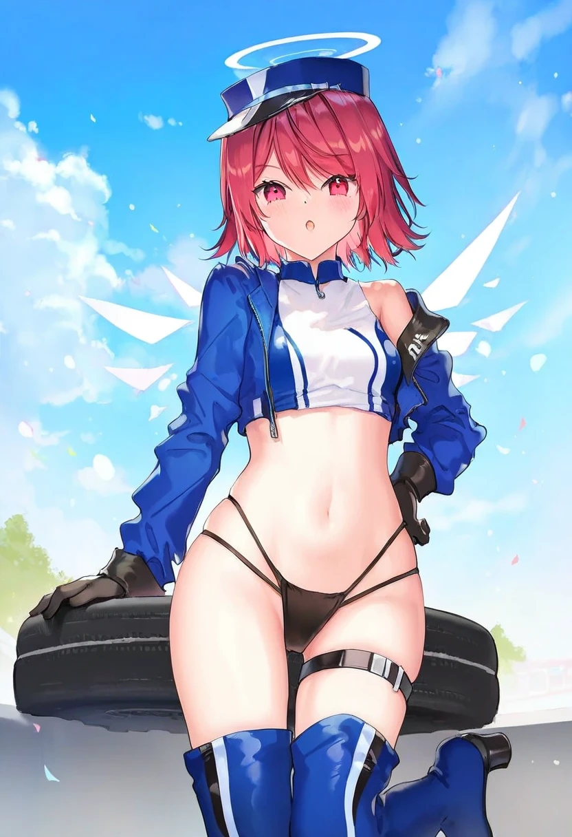 ((ikeuchi tanuma)),(((((mignon,ATDAN))))),(((((anmi))))),((ogipote)),((sy4)),(hiten \(hitenkei\)),yuno385,[[[[momoko \(momopoco\)]]]],[[[ke-ta]]], - 1girl,exusiai \(arknights\),arknights,black gloves,black panties,blue thigh boots,blue hat,blue jacket,long sleeves,race queen,thigh strap,thong,single bare shoulder,skindentation,tire,