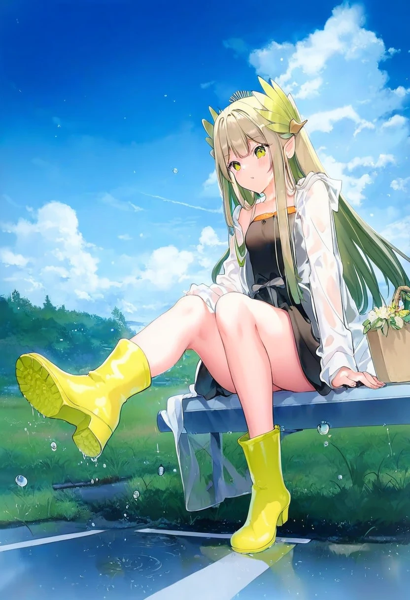 ((ikeuchi tanuma)),(((((mignon,ATDAN))))),(((((anmi))))),((ogipote)),((sy4)),(hiten \(hitenkei\)),yuno385,[[[[momoko \(momopoco\)]]]],[[[ke-ta]]], - 1girl,muelsyse \(arknights\),arknights,cloudy sky,grass,on bench,outdoors,rain,road,yellow rubber boots,see-through coat,sitting,transparent raincoat,water drop,