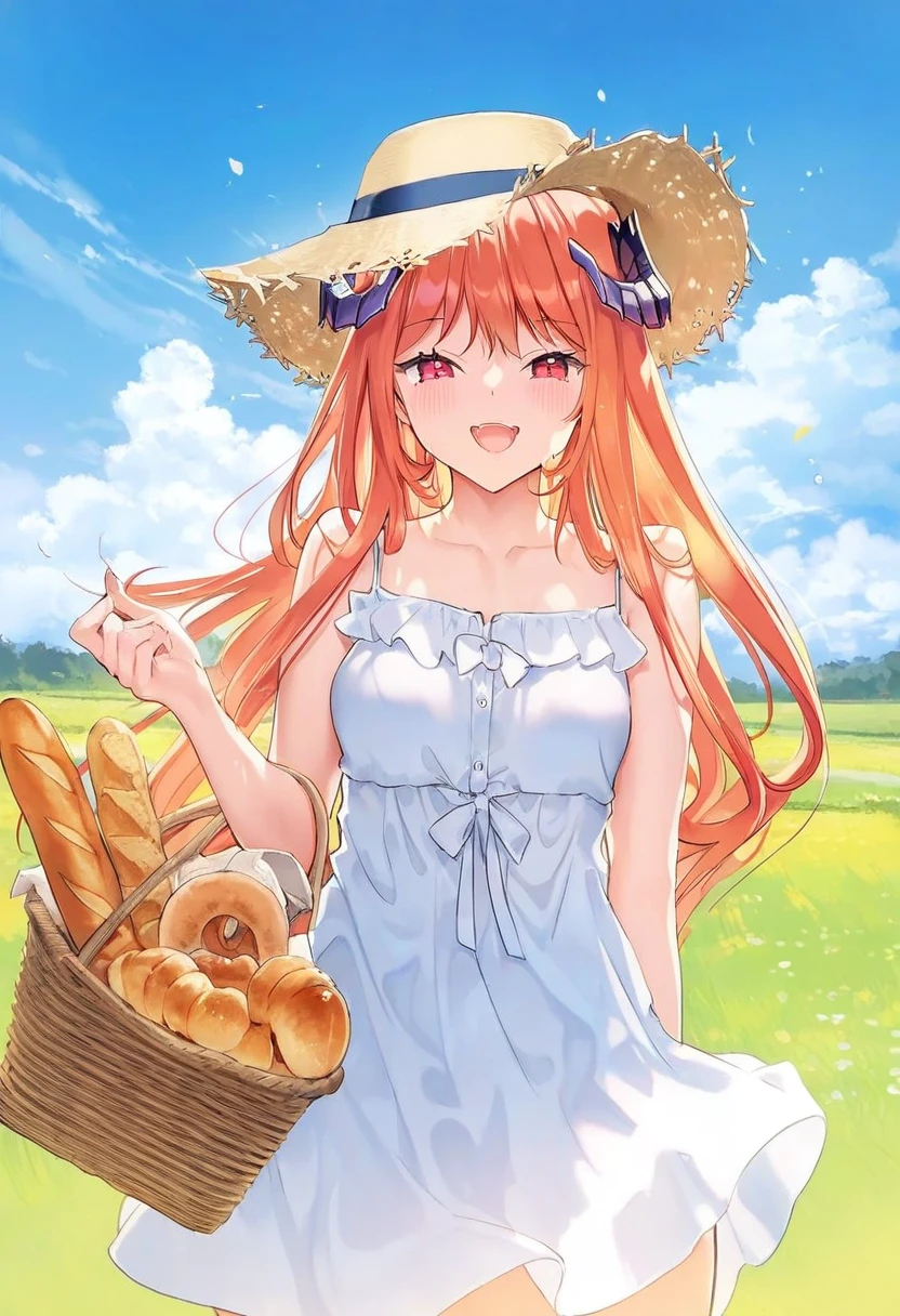 ((ikeuchi tanuma)),(((((mignon,ATDAN))))),(((((anmi))))),((ogipote)),((sy4)),(hiten \(hitenkei\)),yuno385,[[[[momoko \(momopoco\)]]]],[[[ke-ta]]], - 1girl,bagpipe \(arknights\),arknights,baguette,blush,bread,croissant,holding basket,pretzel,upper body,straw hat,field,sky,laughing,sweat,sunlight,