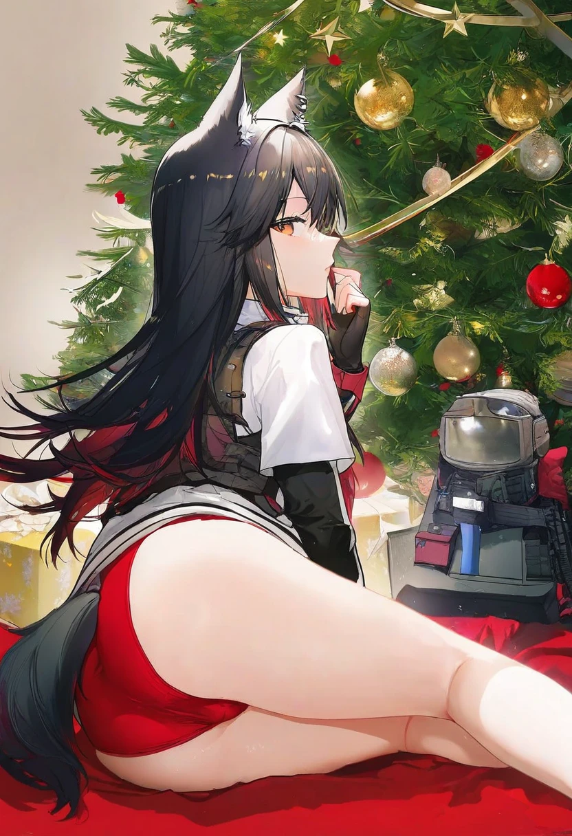 Rella,ATDAN,omone hokoma agm, - 1girl,texas \(arknights\),arknights,underwear,tactical vest,christmas tree,christmas ornaments,