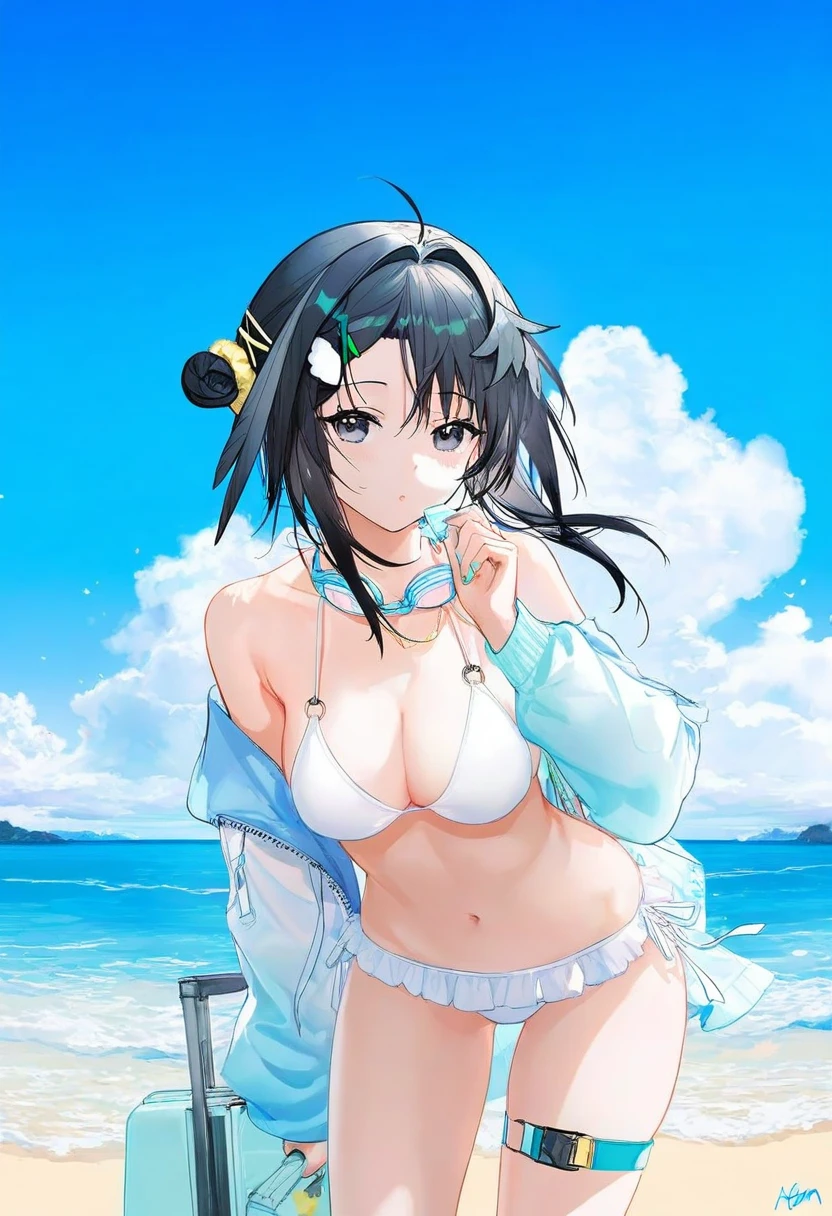Rella,ATDAN,omone hokoma agm, - 1girl,la pluma \(summer flowers\) \(arknights\),arknights,white bikini,outdoors,navel,day,sky,blue sky,beach,suitcase,looking at viewer,ocean,low-tied long hair,leaning forward,standing,holding,frills,hand up,bare shoulders,floating hair,
