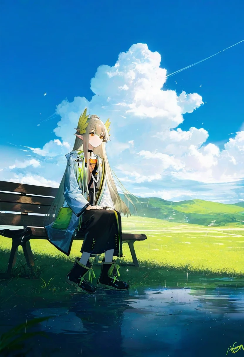 Rella,ATDAN,omone hokoma agm, - 1girl,muelsyse \(arknights\),arknights,cloudy sky,grass,on bench,outdoors,rain,road,yellow rubber boots,see-through coat,sitting,transparent raincoat,water drop,