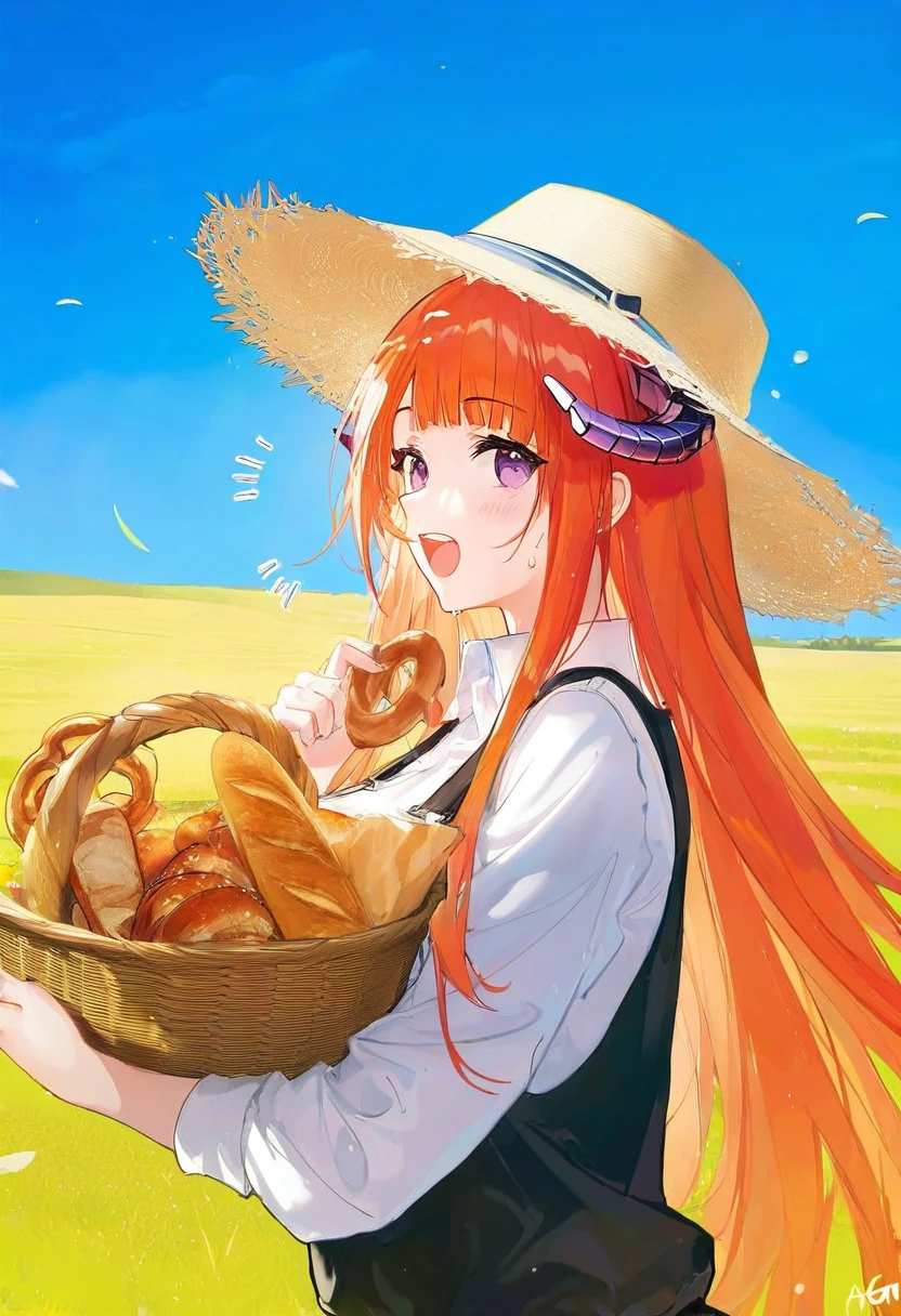 Rella,ATDAN,omone hokoma agm, - 1girl,bagpipe \(arknights\),arknights,baguette,blush,bread,croissant,holding basket,pretzel,upper body,straw hat,field,sky,laughing,sweat,sunlight,