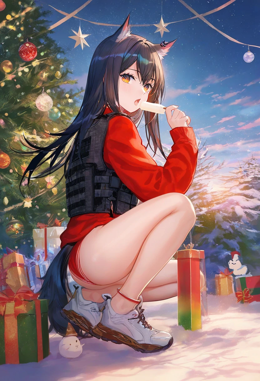 ATDAN,[fuzichoco],mocha \(cotton\),[wlop],[hiten \(hitenkei\)],[ask \(askzy\)],arsenixc, - 1girl,texas \(arknights\),arknights,underwear,tactical vest,christmas tree,christmas ornaments,