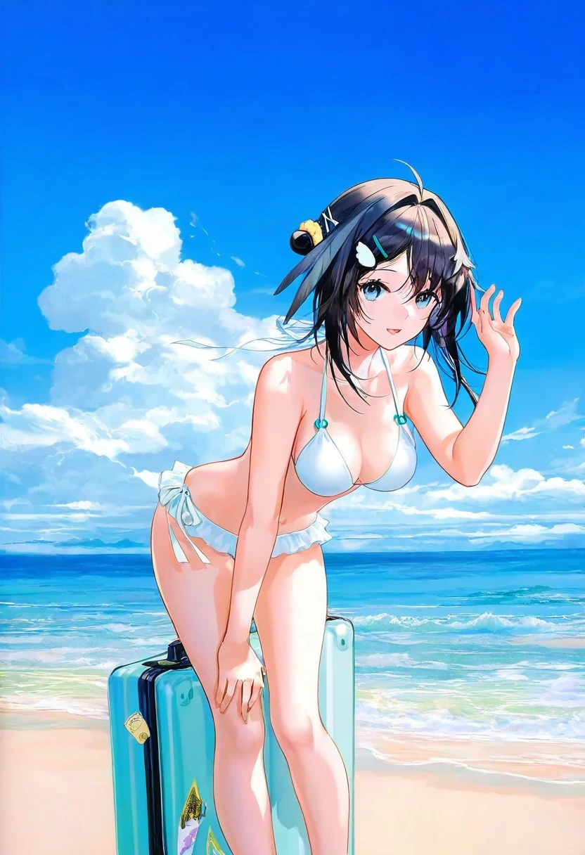 ATDAN,[fuzichoco],mocha \(cotton\),[wlop],[hiten \(hitenkei\)],[ask \(askzy\)],arsenixc, - 1girl,la pluma \(summer flowers\) \(arknights\),arknights,white bikini,outdoors,navel,day,sky,blue sky,beach,suitcase,looking at viewer,ocean,low-tied long hair,leaning forward,standing,holding,frills,hand up,bare shoulders,floating hair,