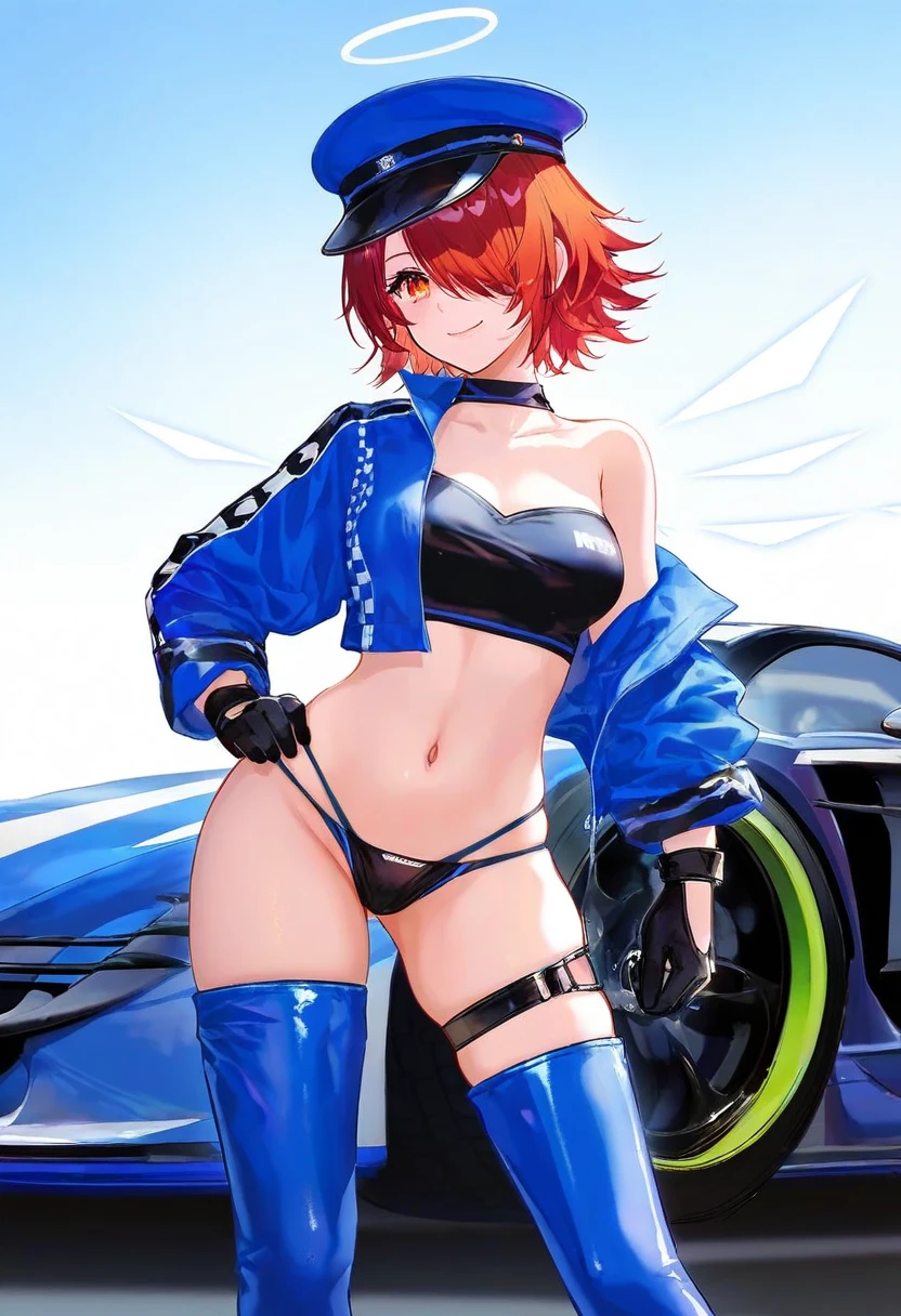 ATDAN,[fuzichoco],mocha \(cotton\),[wlop],[hiten \(hitenkei\)],[ask \(askzy\)],arsenixc, - 1girl,exusiai \(arknights\),arknights,black gloves,black panties,blue thigh boots,blue hat,blue jacket,long sleeves,race queen,thigh strap,thong,single bare shoulder,skindentation,tire,