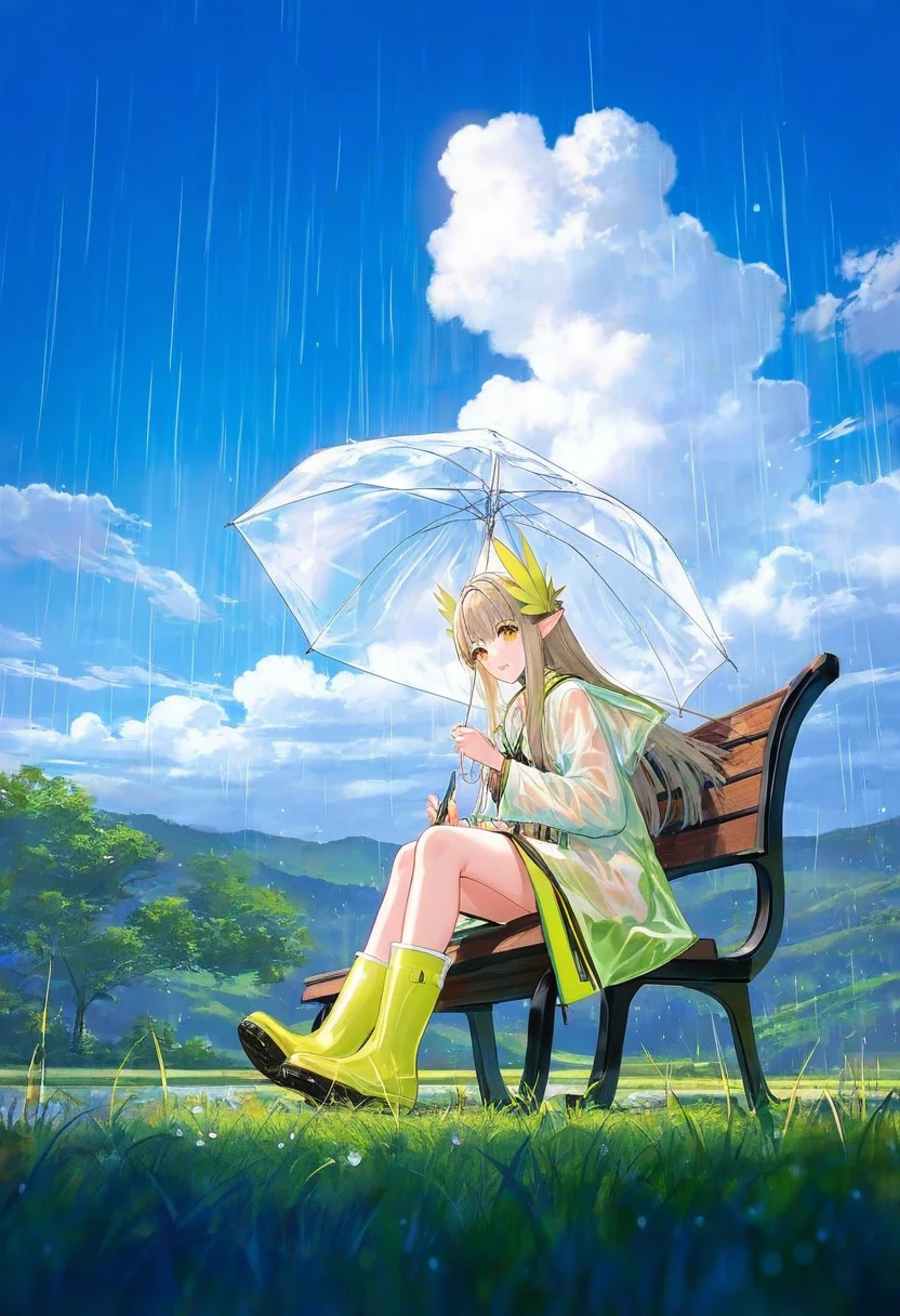 ATDAN,[fuzichoco],mocha \(cotton\),[wlop],[hiten \(hitenkei\)],[ask \(askzy\)],arsenixc, - 1girl,muelsyse \(arknights\),arknights,cloudy sky,grass,on bench,outdoors,rain,road,yellow rubber boots,see-through coat,sitting,transparent raincoat,water drop,