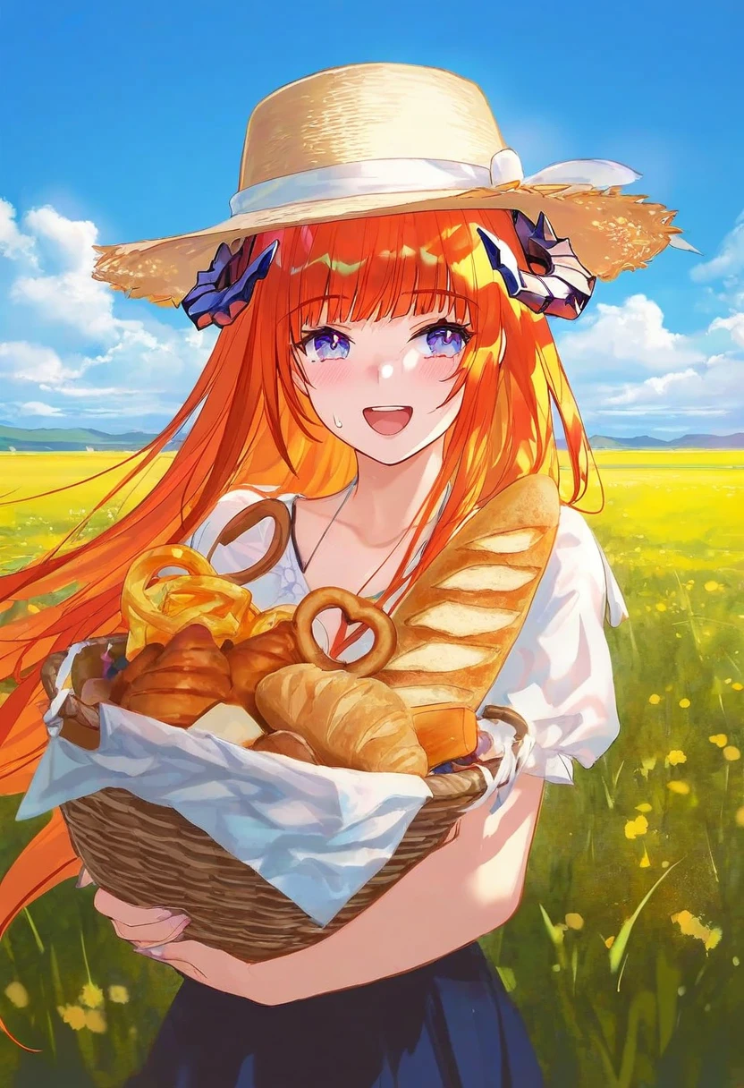 ATDAN,[fuzichoco],mocha \(cotton\),[wlop],[hiten \(hitenkei\)],[ask \(askzy\)],arsenixc, - 1girl,bagpipe \(arknights\),arknights,baguette,blush,bread,croissant,holding basket,pretzel,upper body,straw hat,field,sky,laughing,sweat,sunlight,