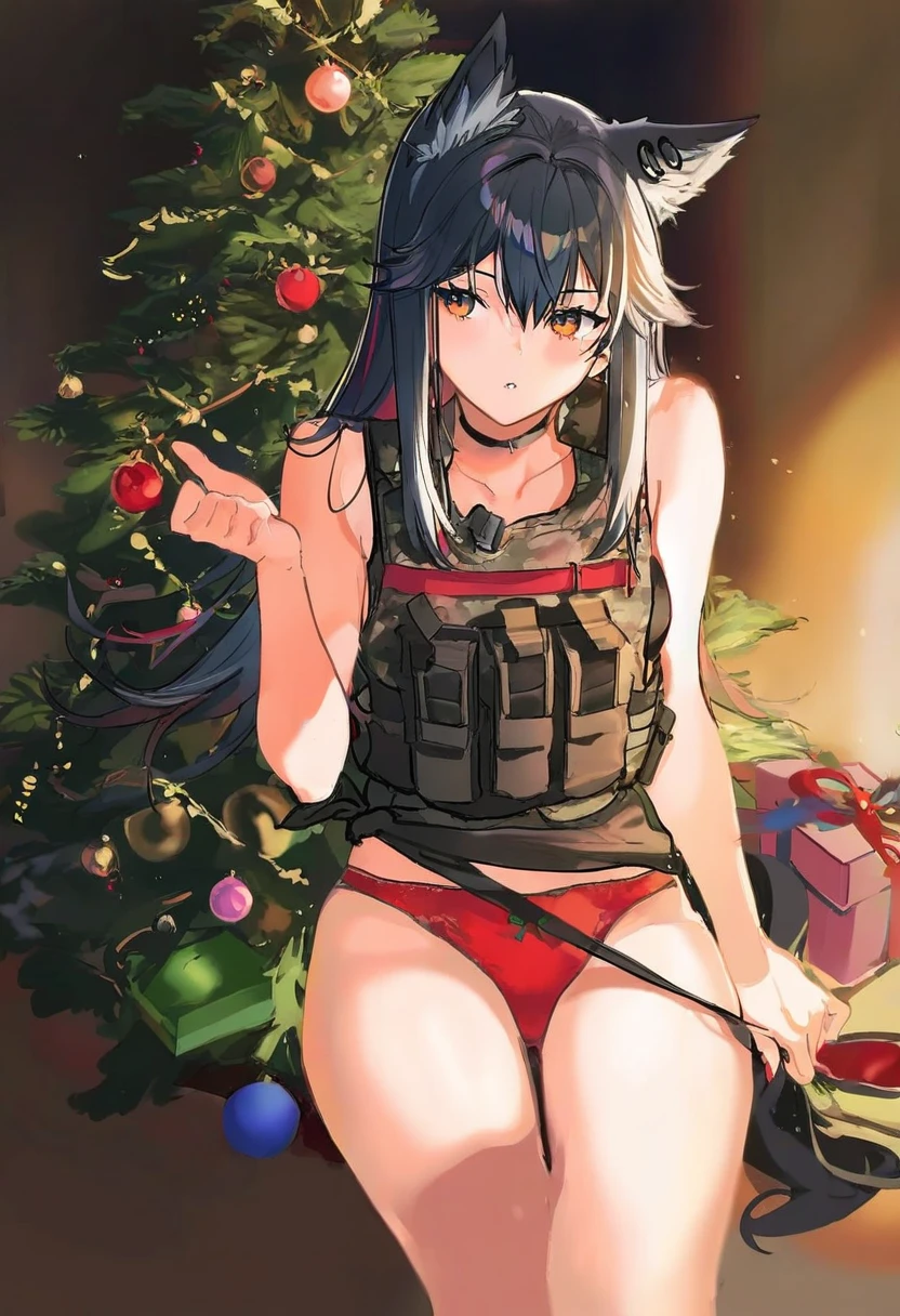[airtist:atdan],[yoneyama mai], - 1girl,texas \(arknights\),arknights,underwear,tactical vest,christmas tree,christmas ornaments,
