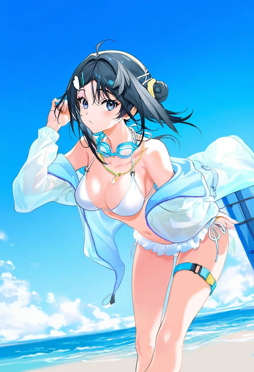 [airtist:atdan],[yoneyama mai], - 1girl,la pluma \(summer flowers\) \(arknights\),arknights,white bikini,outdoors,navel,day,sky,blue sky,beach,suitcase,looking at viewer,ocean,low-tied long hair,leaning forward,standing,holding,frills,hand up,bare shoulders,floating hair,