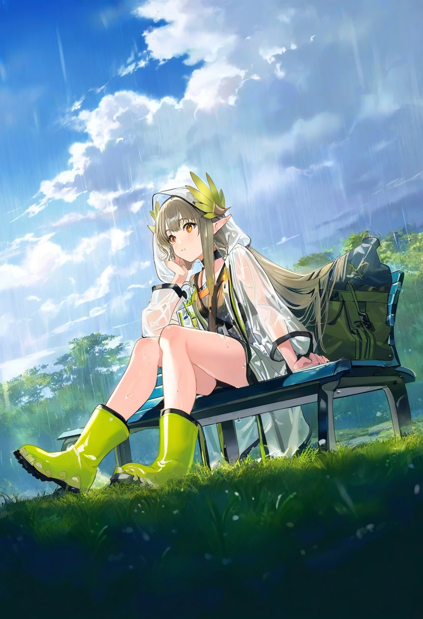 [airtist:atdan],[yoneyama mai], - 1girl,muelsyse \(arknights\),arknights,cloudy sky,grass,on bench,outdoors,rain,road,yellow rubber boots,see-through coat,sitting,transparent raincoat,water drop,